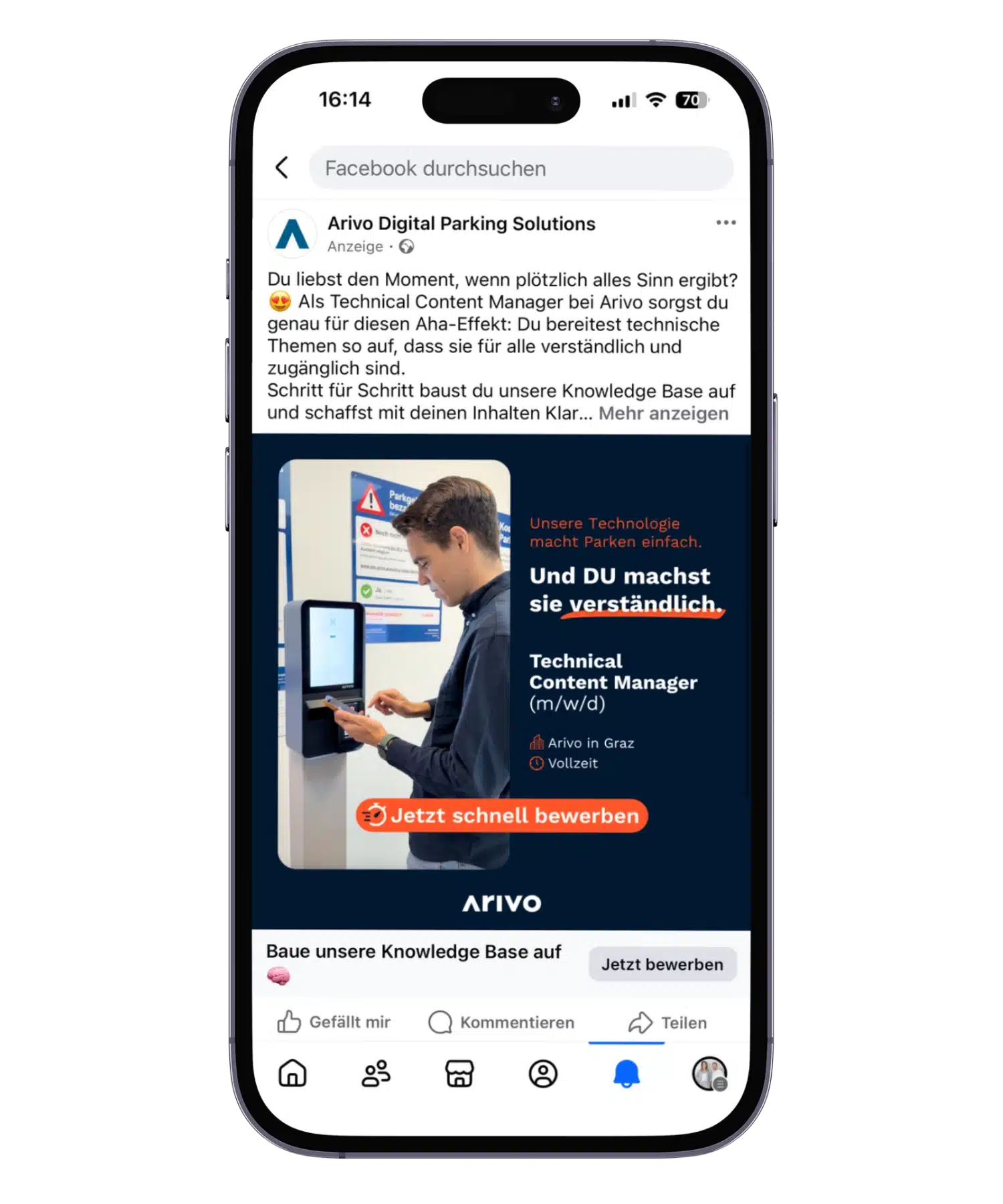 Social Recruiting Anzeige für Arivo Parking Solutions. Die Anzeige bewirbt die offene Stelle des Technical Content Writers. 