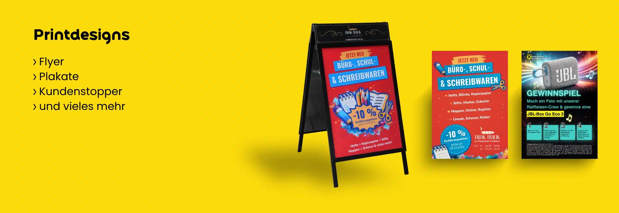 Auf dem Bild sind diverse Projekte im Printdesign zu sehen. 