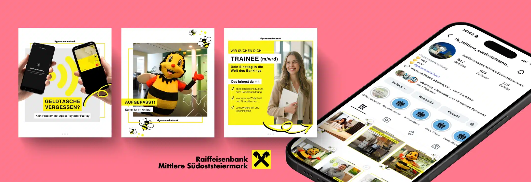 Auf dem Bild sieht man Social Media Postings, die wir für die Raiffeisenbank Mittlere Südoststeiermark erstellt haben.